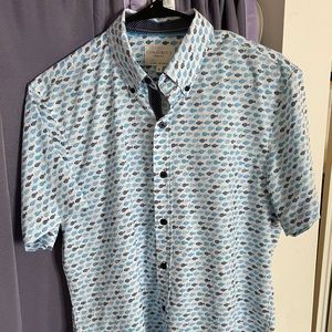 Men’s button up shirt blue button up shirt fish pattern shirt size M